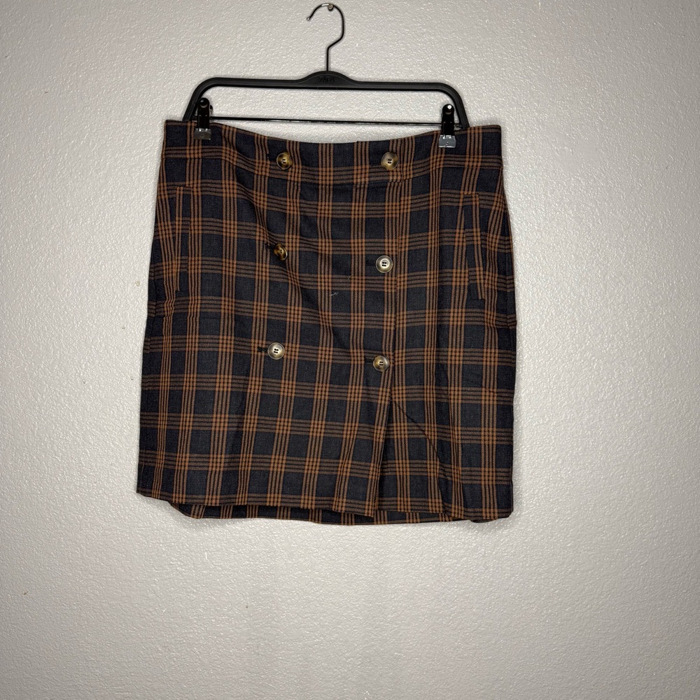 Madewell Plaid navy blue and orange Button-Front Skirt- XL